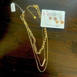 3 earring and 3 layer necklace set. Gold and pink.